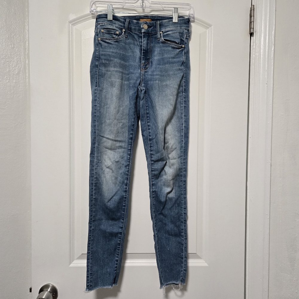 Mother Blue Denim Faded Distressed Women’s Looker Ankle Fray Jeans Size 24